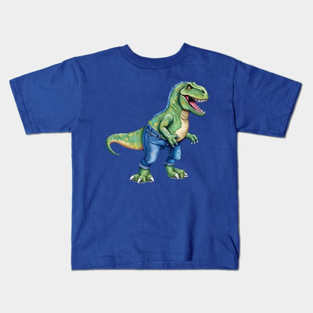 Dinosaur Wearing Denim Jeans Kids T-Shirt by taiche